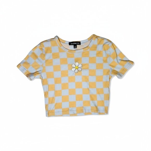 Social Scene Yellow Checkerboard Crop Top – Women’s Small Daisy Graphic Tee - Picture 1 of 7